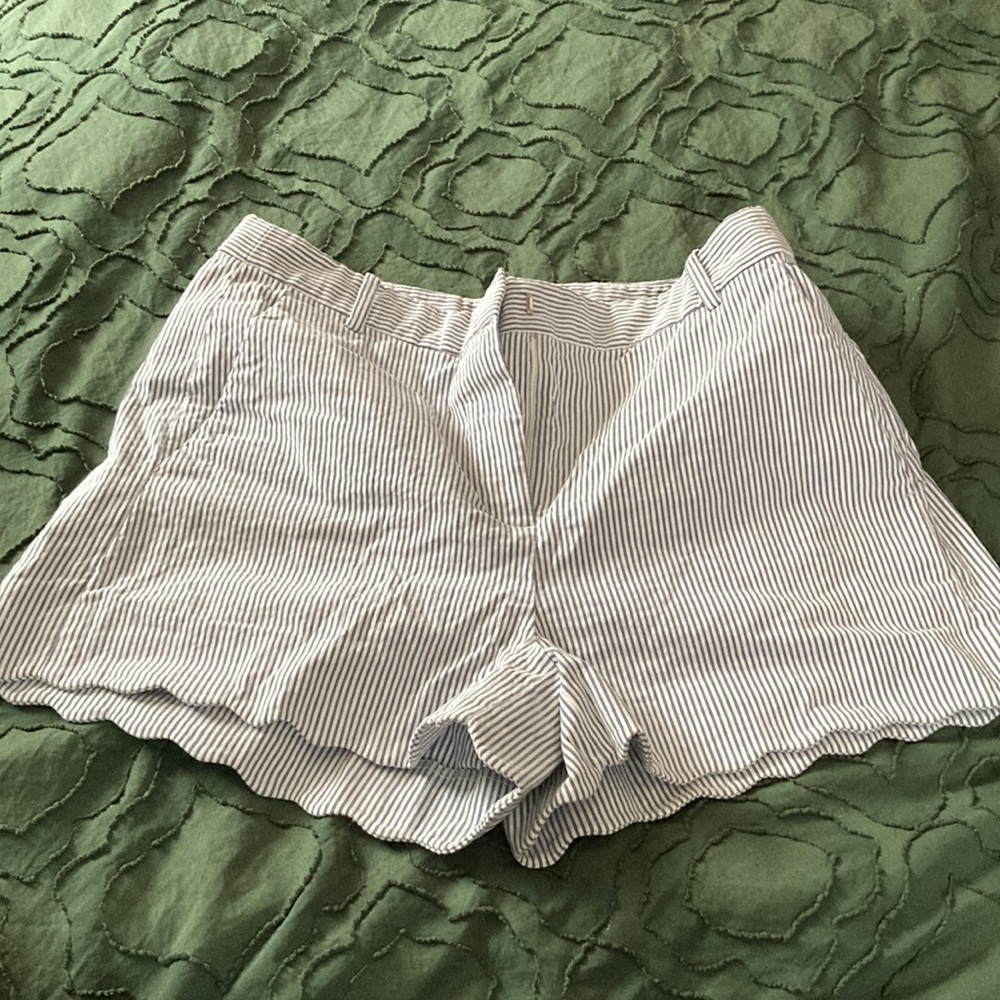 J. Crew blue and white stripped shorts with scalloped hem. Size 6.